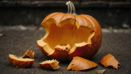 Broken pumpkin on the ground with scattered pumpkin pieces  