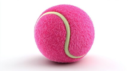 Close-up macro shot of a vibrant pink tennis ball with a yellow seam, resting on a clean white surface under bright studio lighting