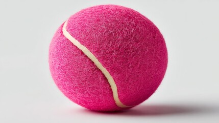 Bright pink tennis ball with white stripe isolated on a clean white background highlighting texture and vibrant color