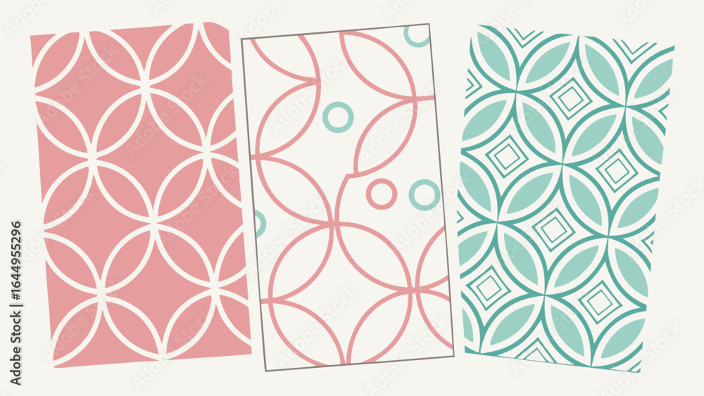 Poster three patterned rectangles with interlocking circles and geometric shapes design illustration create