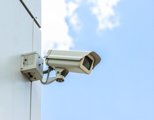 Close up of modern CCTV security camera mounted on wall, against clear blue sky
