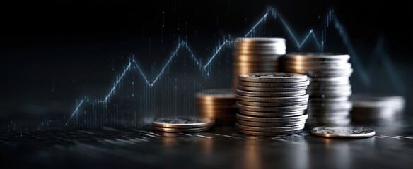 The coins stacked high symbolizing growth and investment in the financial market.