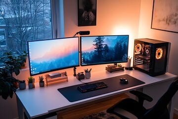 Naklejka premium dual-monitor minimalist desk setup with ambient light, cable-free, white and black tones 