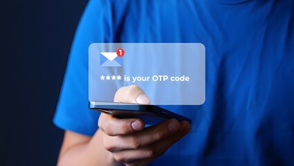 Man holding smartphone with OTP code notification on screen concept