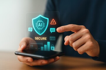 AI Cybersecurity Interface Showing Secure Shield Icon, System Warnings and Data Protection Layers
