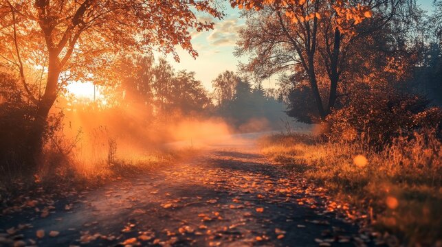 Misty sunrise in a forest with fallen leaves on the path.  A scene of serene nature and autumn colors.
