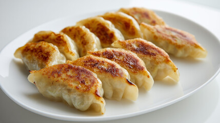 白くてシンプルな皿に並べられた、美味しそうな焼き餃子のクローズアップ