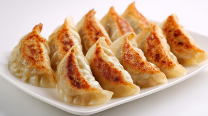 黄金色の焼き色が食欲をそそるシンプルな皿に盛られた焼き餃子