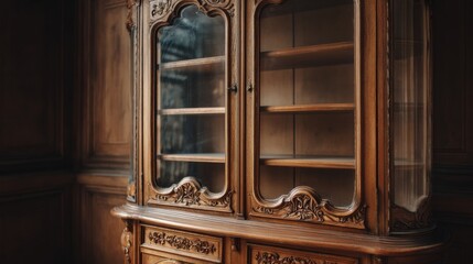Beautifully Crafted Empty Wooden Cabinet with Glass Shelves