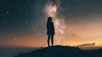 Silhouette of woman standing on a cliff, looking at a starry sky