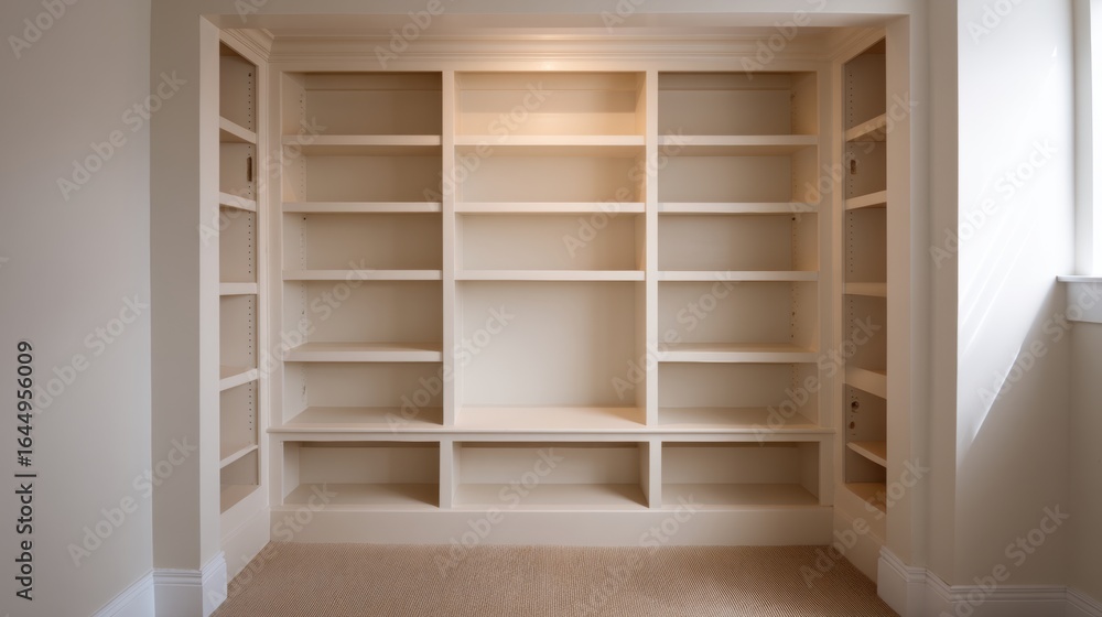 Poster empty built-in bookshelf niche in wall alcove with blank spaces
