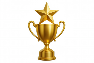 Golden trophy with a star hovering above it, symbolizing victory, achievement, and recognition on a transparent background