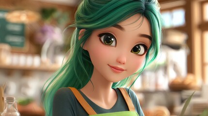 3D anime-style young woman with long green hair wearing a brown headband and teal top, smiling gently in a cozy cafe environment
