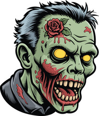 Scary zombie head with glowing yellow eyes, green skin, bloody wounds, dripping blood, rose tattoo, horror illustration, Halloween art