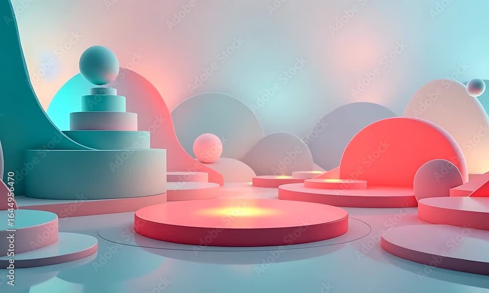 Poster abstract 3d render of geometric shapes with pastel colors and soft lighting on a studio stage compos