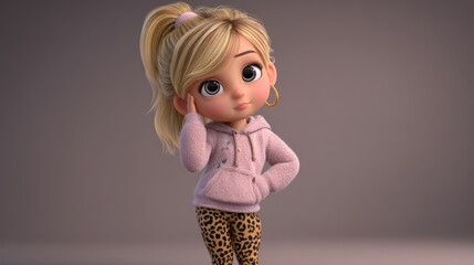 Full-body 3D animated girl with blonde ponytail wearing a pink hoodie and leopard leggings standing confidently against a neutral background