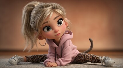 Cute 3D animated girl with blonde hair and big expressive eyes resting her chin on her hands in a curious pose