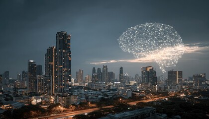 City skyline at dusk, digital brain overlay