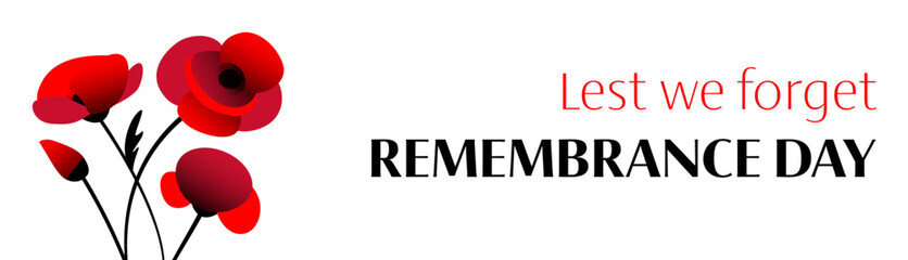 Vector illustration of remembrance day hd banner with bunch of red poppy flowers on white background