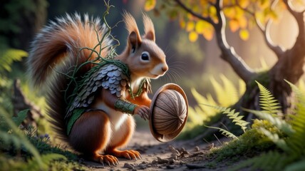 Armored Squirrel Warrior in Autumn Forest with Red Maple Leaves