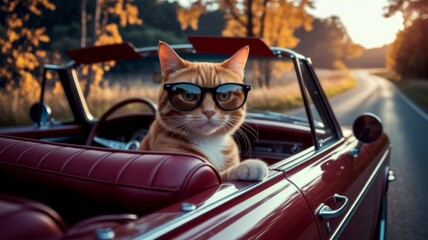 Funny Cat in Sunglasses Driving. Autumn season.