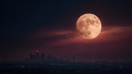 Moonrise over the city skyline at night