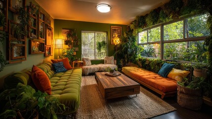 Cozy modern living room with green velvet sofa, wooden coffee table, orange bench and potted plants by large windows
