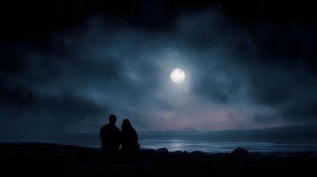 Couple stargazing under a moonlit sky - Powered by Adobe