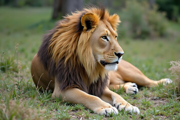 Obraz premium Lion Resting in Grassy Field Calm Wildlife Portrait