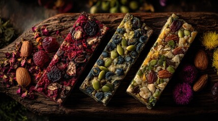 Three granola bars, each a different color and topping, sit atop a rustic wooden board.  Surrounding the bars are dried fruits, nuts, and colorful flowers