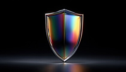 Metallic, iridescent shield on dark background