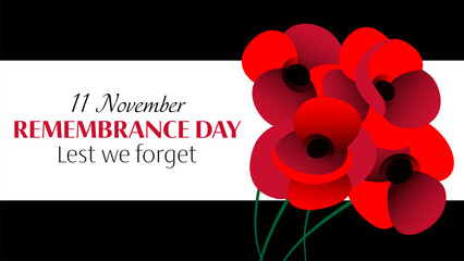 Vector illustration of remembrance day horizontal banner with red poppies on black background