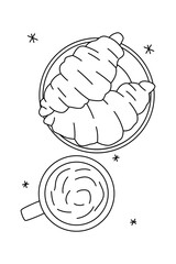 Minimal line art of a coffee cup with latte swirl and a plate of two croissants, perfect for breakfast-themed designs.