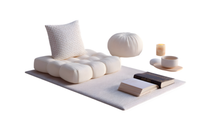 3D calm meditation kit with mat, cushions, and book, white background