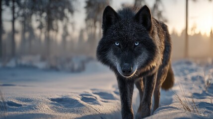 Naklejka premium Dark grey wolf standing alert in snowy winter landscape with blue shadows and blurred forest background, captivating wildlife portrait
