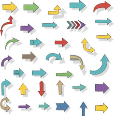 Collection of colorful and diverse arrow icons with shadows