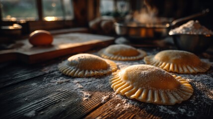 Unbaked tart shells with fluted edges arranged on parchment paper on a rustic wooden board in a moody kitchen