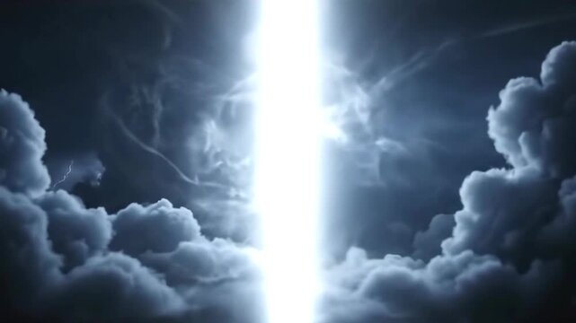 Epic cinematic flight through dark stormy clouds towards a glowing vertical beam of divine light