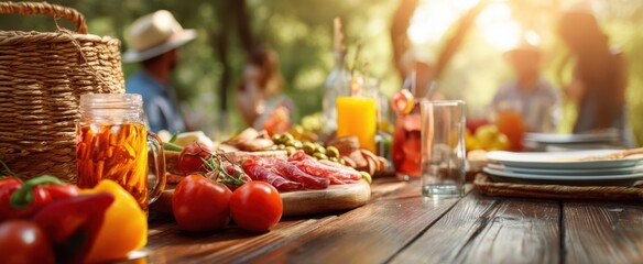 The vibrant picnic table adorned with fresh food and drinks in nature's embrace.