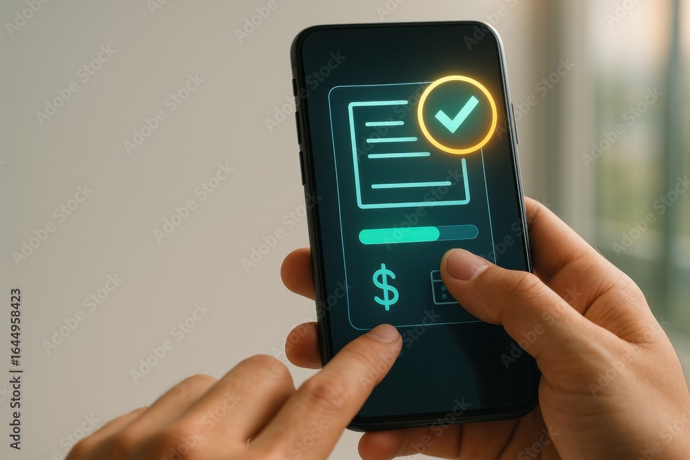 Poster digital payment approval interface on smartphone with verified checkmark and progress bar