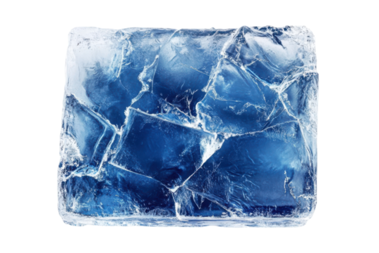 Rough aquamarine crystal gemstone isolated on transparent background. Blue white ice block featuring intricate cracks isolated on white background.
