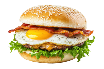 Delicious bacon egg cheeseburger isolated on transparent background. Delicious combination of crispy bacon fried egg and melted cheese isolated on white background.