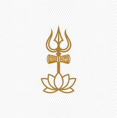A stylized golden Trishula and Damaru, symbols of the Hindu god Shiva, rising from a lotus flower.