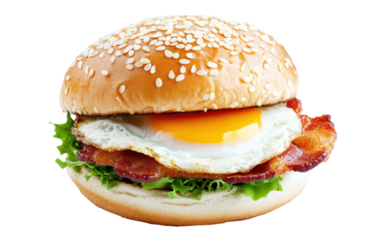 Delicious bacon egg cheeseburger isolated on transparent background. Delicious combination of crispy bacon fried egg and melted cheese isolated on white background.