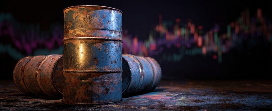 The rusted barrels against a dynamic financial market backdrop. - Powered by Adobe