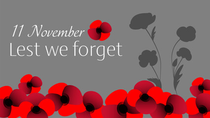Vector illustration of remembrance day horizontal banner with red poppies on grey background
