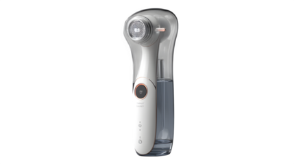 3D handheld facial steamer with minimal design, wellness tech item, transparent background