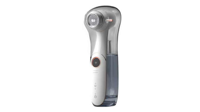 3D handheld facial steamer with minimal design, wellness tech item, transparent background