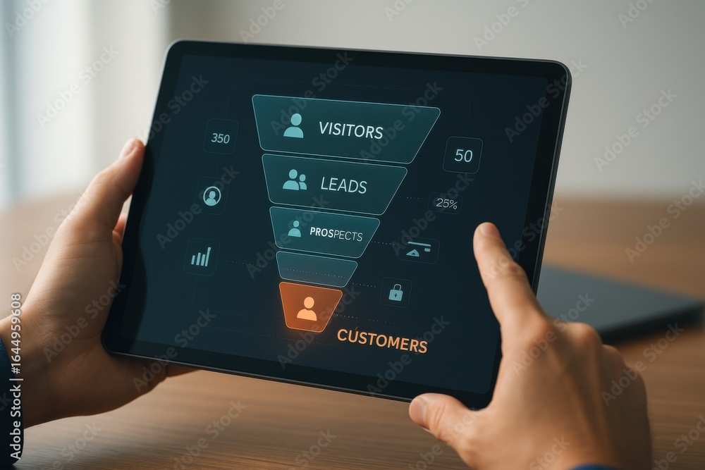Poster sales funnel visualization on tablet showing visitor to customer conversion journey