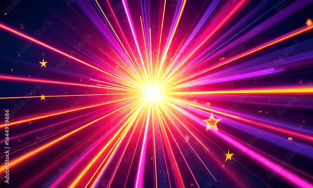 Poster abstract burst of light with dynamic rays in purple pink and orange hues creating a futuristic and e